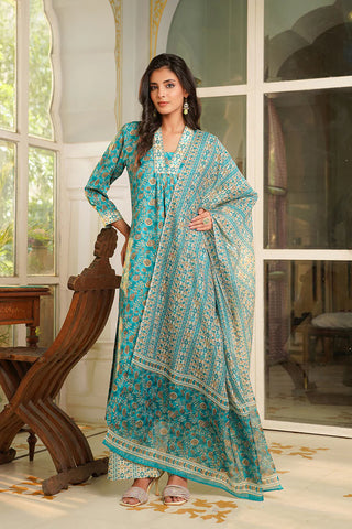 Turquoise Blue Rayon Blend Floral Printed Straight Shape Suit Set with Dupatta