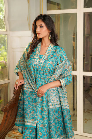 Turquoise Blue Rayon Blend Floral Printed Straight Shape Suit Set with Dupatta
