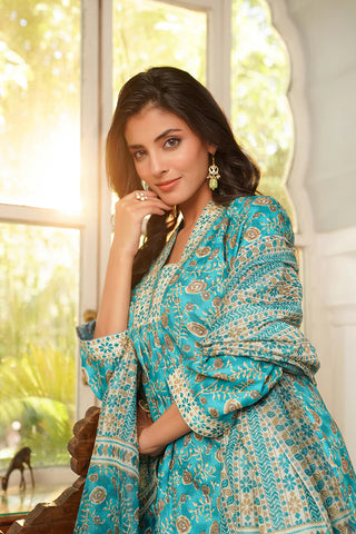 Turquoise Blue Rayon Blend Floral Printed Straight Shape Suit Set with Dupatta