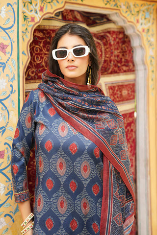 Blue Rayon Blend Ethnic Motif Printed Straight Shape Suit Set with Dupatta