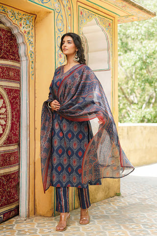 Blue Rayon Blend Ethnic Motif Printed Straight Shape Suit Set with Dupatta