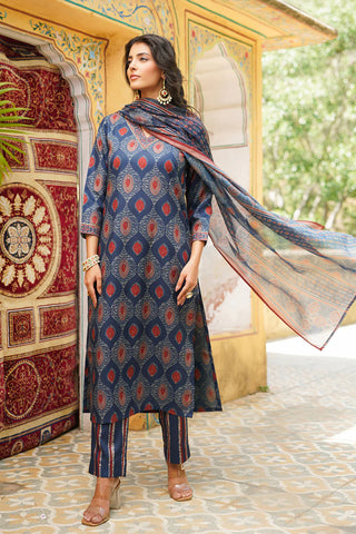 Blue Rayon Blend Ethnic Motif Printed Straight Shape Suit Set with Dupatta