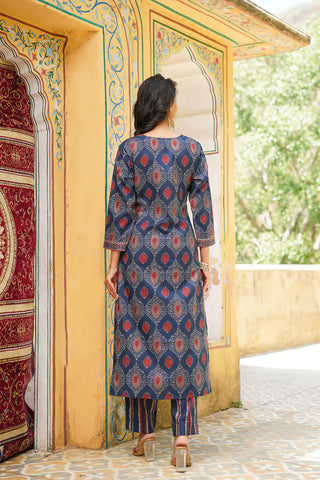 Blue Rayon Blend Ethnic Motif Printed Straight Shape Suit Set with Dupatta