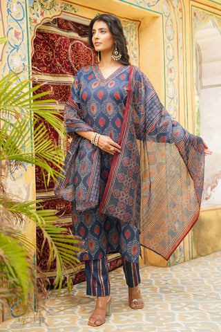 Blue Rayon Blend Ethnic Motif Printed Straight Shape Suit Set with Dupatta