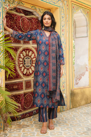 Blue Rayon Blend Ethnic Motif Printed Straight Shape Suit Set with Dupatta