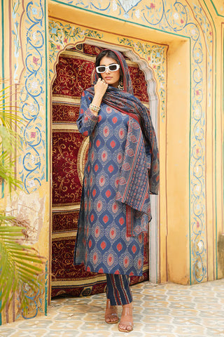 Blue Rayon Blend Ethnic Motif Printed Straight Shape Suit Set with Dupatta