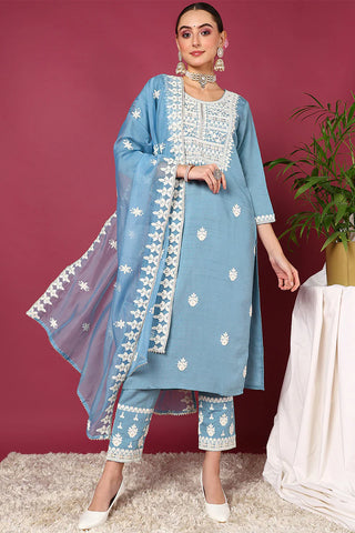 Blue Silk Blend Embroidered Straight Shape Suit Set with Dupatta