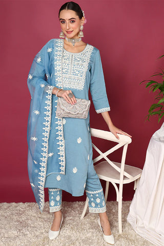 Blue Silk Blend Embroidered Straight Shape Suit Set with Dupatta