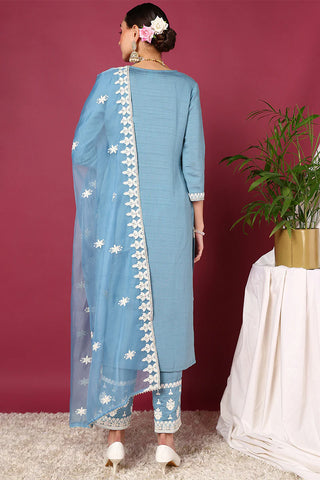 Blue Silk Blend Embroidered Straight Shape Suit Set with Dupatta