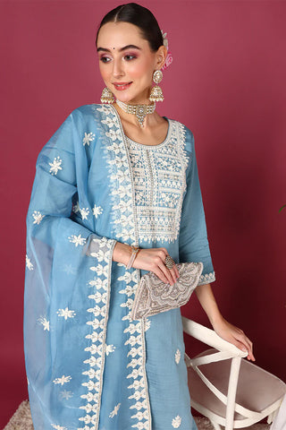 Blue Silk Blend Embroidered Straight Shape Suit Set with Dupatta