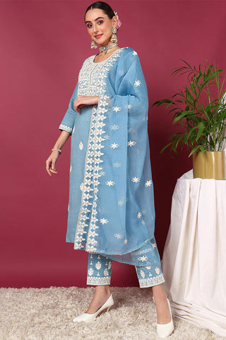 Blue Silk Blend Embroidered Straight Shape Suit Set with Dupatta