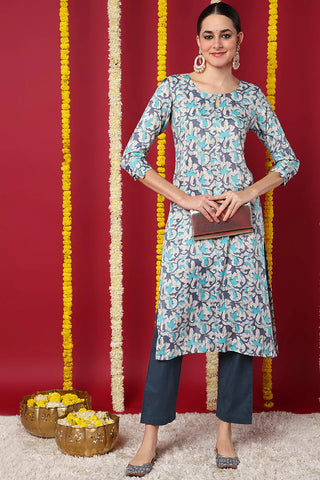 Blue Silk Blend Ethnic Motif Printed Straight Shape Kurta