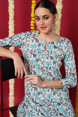 Blue Silk Blend Ethnic Motif Printed Straight Shape Kurta