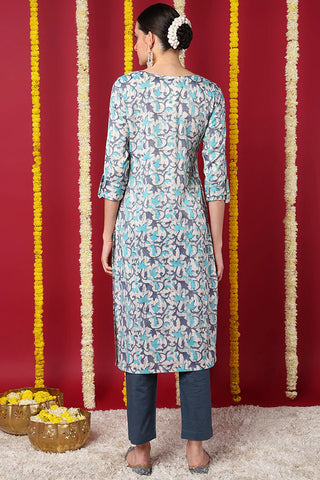 Blue Silk Blend Ethnic Motif Printed Straight Shape Kurta