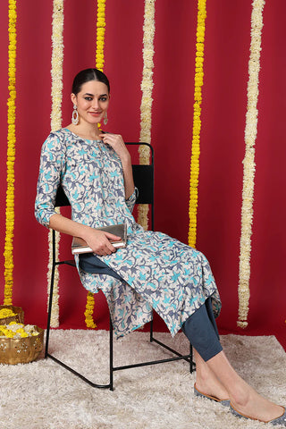 Blue Silk Blend Ethnic Motif Printed Straight Shape Kurta