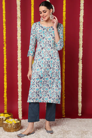 Blue Silk Blend Ethnic Motif Printed Straight Shape Kurta