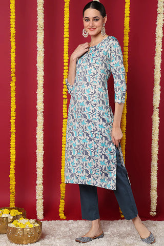 Blue Silk Blend Ethnic Motif Printed Straight Shape Kurta