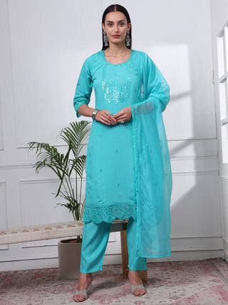 Blue Silk Blend Cotton Lining Embroidered Straight Shape Suit Set with Dupatta