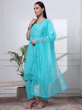 Blue Silk Blend Cotton Lining Embroidered Straight Shape Suit Set with Dupatta