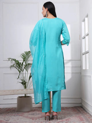 Blue Silk Blend Cotton Lining Embroidered Straight Shape Suit Set with Dupatta