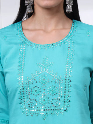 Blue Silk Blend Cotton Lining Embroidered Straight Shape Suit Set with Dupatta