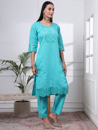 Blue Silk Blend Cotton Lining Embroidered Straight Shape Suit Set with Dupatta