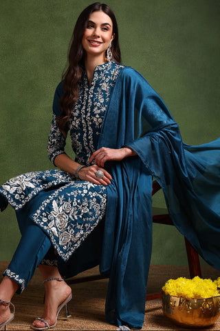 Blue Silk Blend Embroidered Straight Shape Suit Set with Dupatta