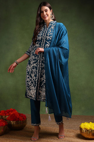 Blue Silk Blend Embroidered Straight Shape Suit Set with Dupatta