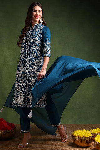 Blue Silk Blend Embroidered Straight Shape Suit Set with Dupatta