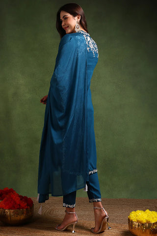 Blue Silk Blend Embroidered Straight Shape Suit Set with Dupatta