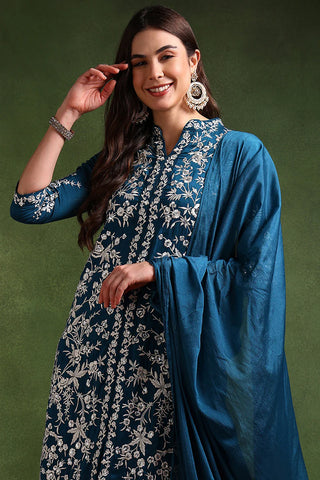 Blue Silk Blend Embroidered Straight Shape Suit Set with Dupatta