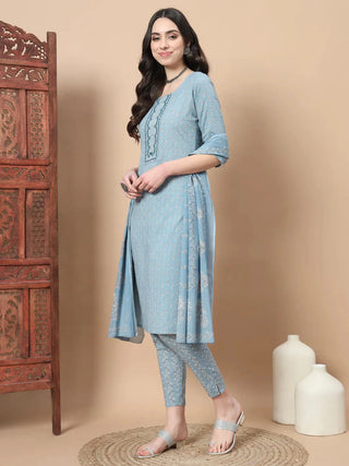 Blue Cotton Ethnic Motif Embroidered & Printed Straight Shape Suit Set with Voile Dupatta