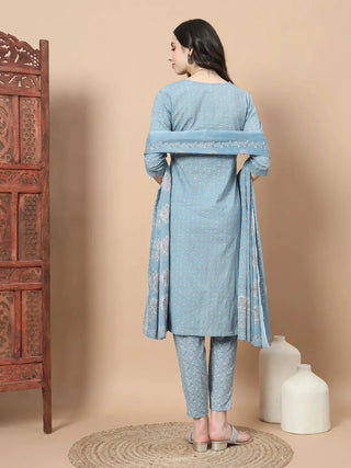 Blue Cotton Ethnic Motif Embroidered & Printed Straight Shape Suit Set with Voile Dupatta