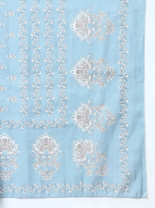 Blue Cotton Ethnic Motif Embroidered & Printed Straight Shape Suit Set with Voile Dupatta