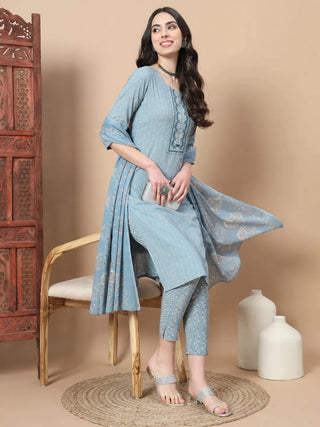 Blue Cotton Ethnic Motif Embroidered & Printed Straight Shape Suit Set with Voile Dupatta