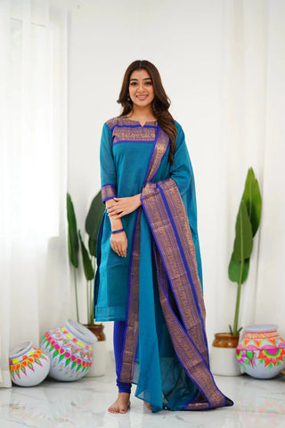 Blue Jari Weaving Straight Shape Suit Set with Dupatta