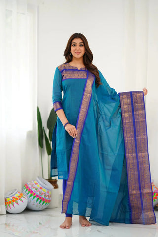 Blue Jari Weaving Straight Shape Suit Set with Dupatta