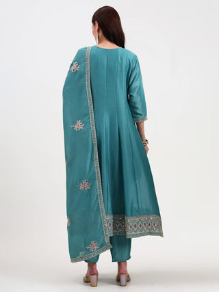 Turquoise Blue Silk Blend Kalidaar Embroidered Anarkali Suit Set with Dupatta
