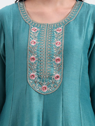 Turquoise Blue Silk Blend Kalidaar Embroidered Anarkali Suit Set with Dupatta