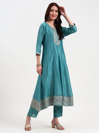 Turquoise Blue Silk Blend Kalidaar Embroidered Anarkali Suit Set with Dupatta