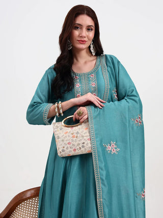 Turquoise Blue Silk Blend Kalidaar Embroidered Anarkali Suit Set with Dupatta