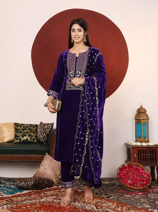 Violet Velver Thread & Zari Embroidered Suit Set with Dupatta