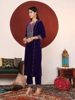 Violet Velver Thread & Zari Embroidered Suit Set with Dupatta