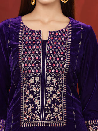 Violet Velver Thread & Zari Embroidered Suit Set with Dupatta