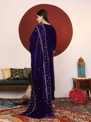 Violet Velver Thread & Zari Embroidered Suit Set with Dupatta