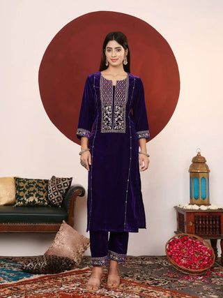 Violet Velver Thread & Zari Embroidered Suit Set with Dupatta