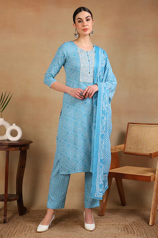 Blue Viscose Rayon Bandhani Print & Embroidered Straight Shape Suit Set with Dupatta