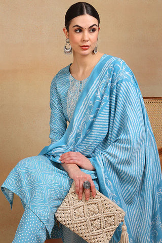 Blue Viscose Rayon Bandhani Print & Embroidered Straight Shape Suit Set with Dupatta