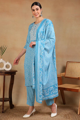 Blue Viscose Rayon Bandhani Print & Embroidered Straight Shape Suit Set with Dupatta