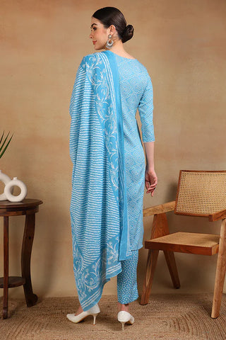 Blue Viscose Rayon Bandhani Print & Embroidered Straight Shape Suit Set with Dupatta